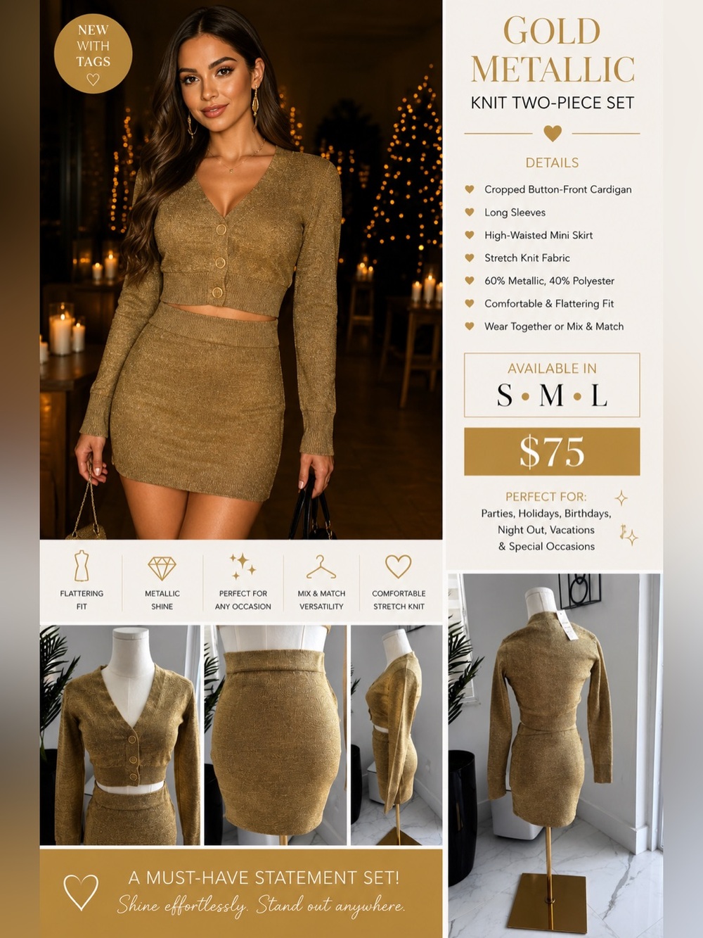 Gold Metallic Knit Two-Piece Skirt Set — Gold